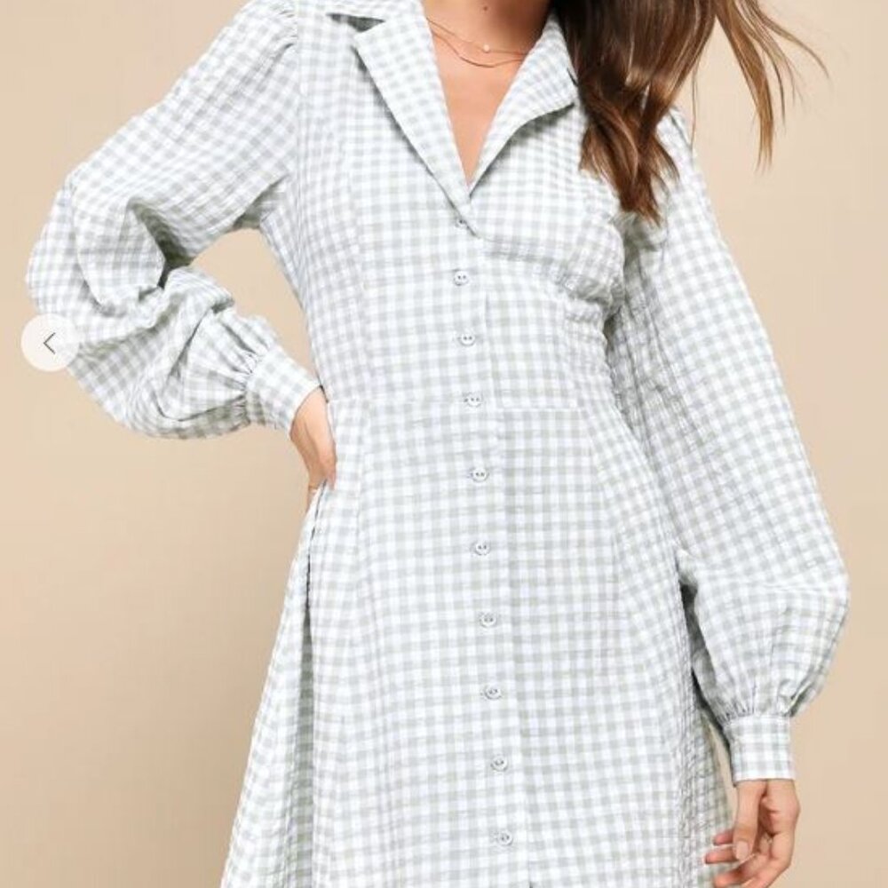Lulus Charming Bliss Green Gingham Collared Backless Skater Mini Dress - Size XL